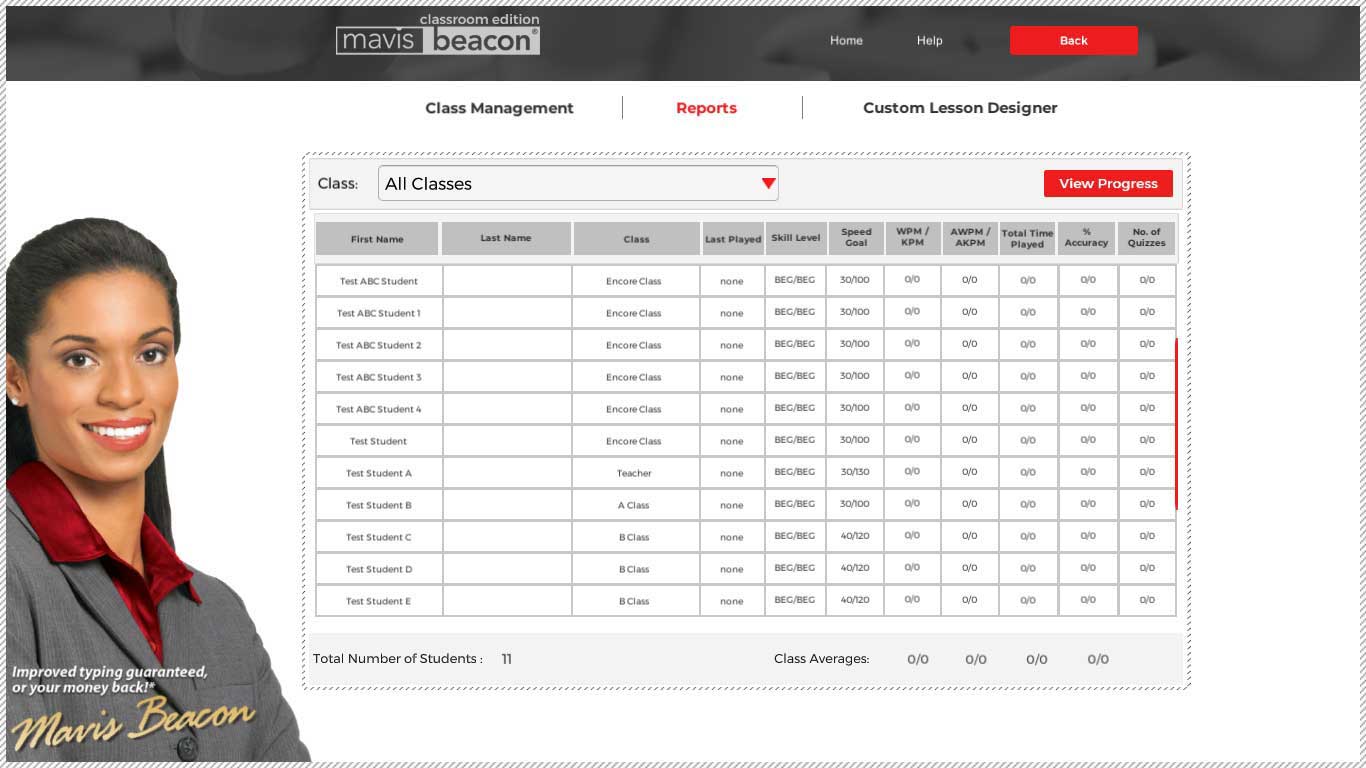 Classroom Edition progress report screen