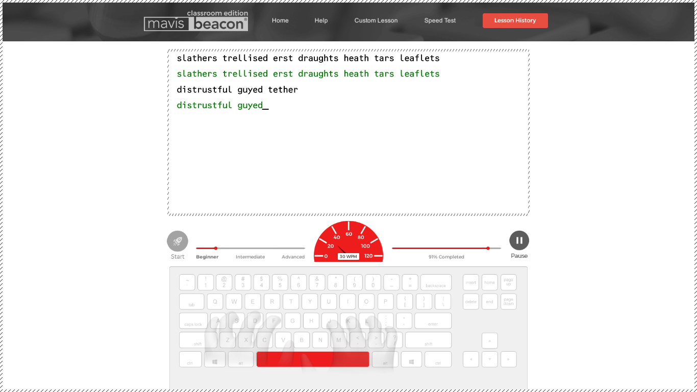 Classroom Edition typing speed test screen